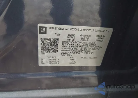 2019 Chevrolet Equinox Lt из США, поврежденный, VIN 3GNAXKEV4KL291955